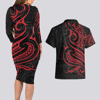 Tahitian Coat Of Arm and Tiare Flower Couples Matching Long Sleeve Bodycon Dress and Hawaiian Shirt Polynesian Tribal Tattoo LT9 - Polynesian Pride