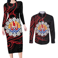 Tahitian Coat Of Arm and Tiare Flower Couples Matching Long Sleeve Bodycon Dress and Long Sleeve Button Shirt Polynesian Tribal Tattoo LT9 Black - Polynesian Pride