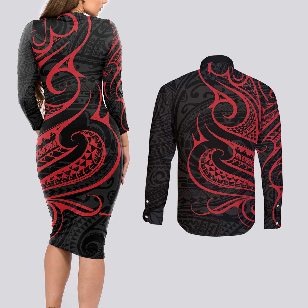 Tahitian Coat Of Arm and Tiare Flower Couples Matching Long Sleeve Bodycon Dress and Long Sleeve Button Shirt Polynesian Tribal Tattoo LT9 - Polynesian Pride