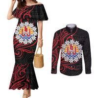 Tahitian Coat Of Arm and Tiare Flower Couples Matching Mermaid Dress and Long Sleeve Button Shirt Polynesian Tribal Tattoo LT9 Black - Polynesian Pride