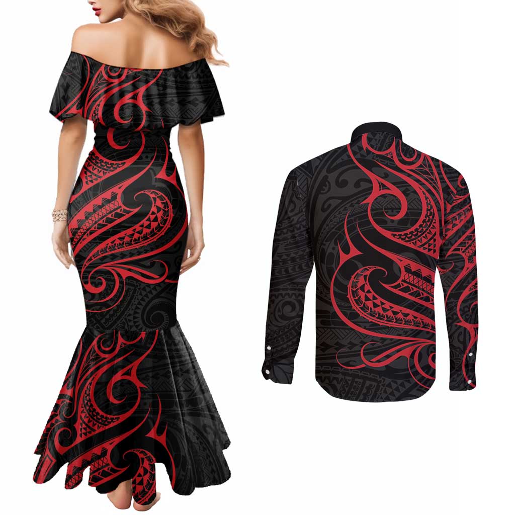 Tahitian Coat Of Arm and Tiare Flower Couples Matching Mermaid Dress and Long Sleeve Button Shirt Polynesian Tribal Tattoo LT9 - Polynesian Pride