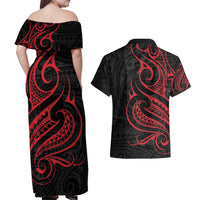 Tahitian Coat Of Arm and Tiare Flower Couples Matching Off Shoulder Maxi Dress and Hawaiian Shirt Polynesian Tribal Tattoo LT9 - Polynesian Pride