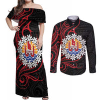 Tahitian Coat Of Arm and Tiare Flower Couples Matching Off Shoulder Maxi Dress and Long Sleeve Button Shirt Polynesian Tribal Tattoo LT9 Black - Polynesian Pride