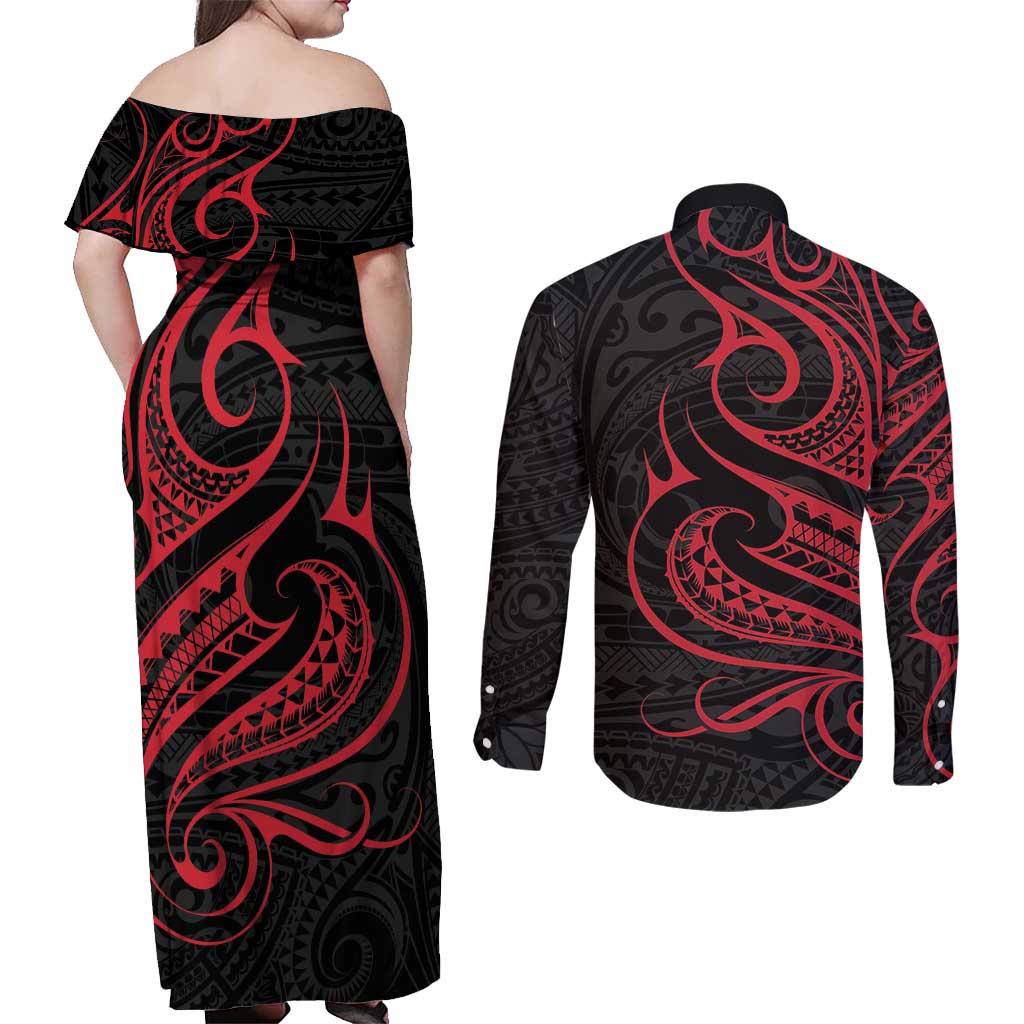 Tahitian Coat Of Arm and Tiare Flower Couples Matching Off Shoulder Maxi Dress and Long Sleeve Button Shirt Polynesian Tribal Tattoo LT9 - Polynesian Pride