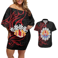 Tahitian Coat Of Arm and Tiare Flower Couples Matching Off Shoulder Short Dress and Hawaiian Shirt Polynesian Tribal Tattoo LT9 Black - Polynesian Pride
