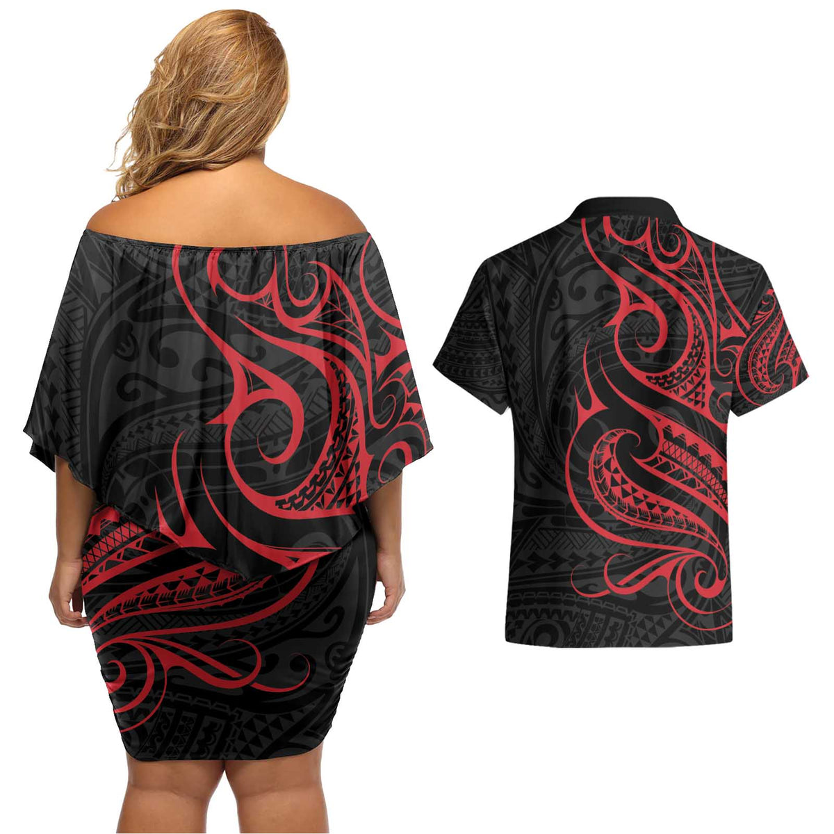 Tahitian Coat Of Arm and Tiare Flower Couples Matching Off Shoulder Short Dress and Hawaiian Shirt Polynesian Tribal Tattoo LT9 - Polynesian Pride