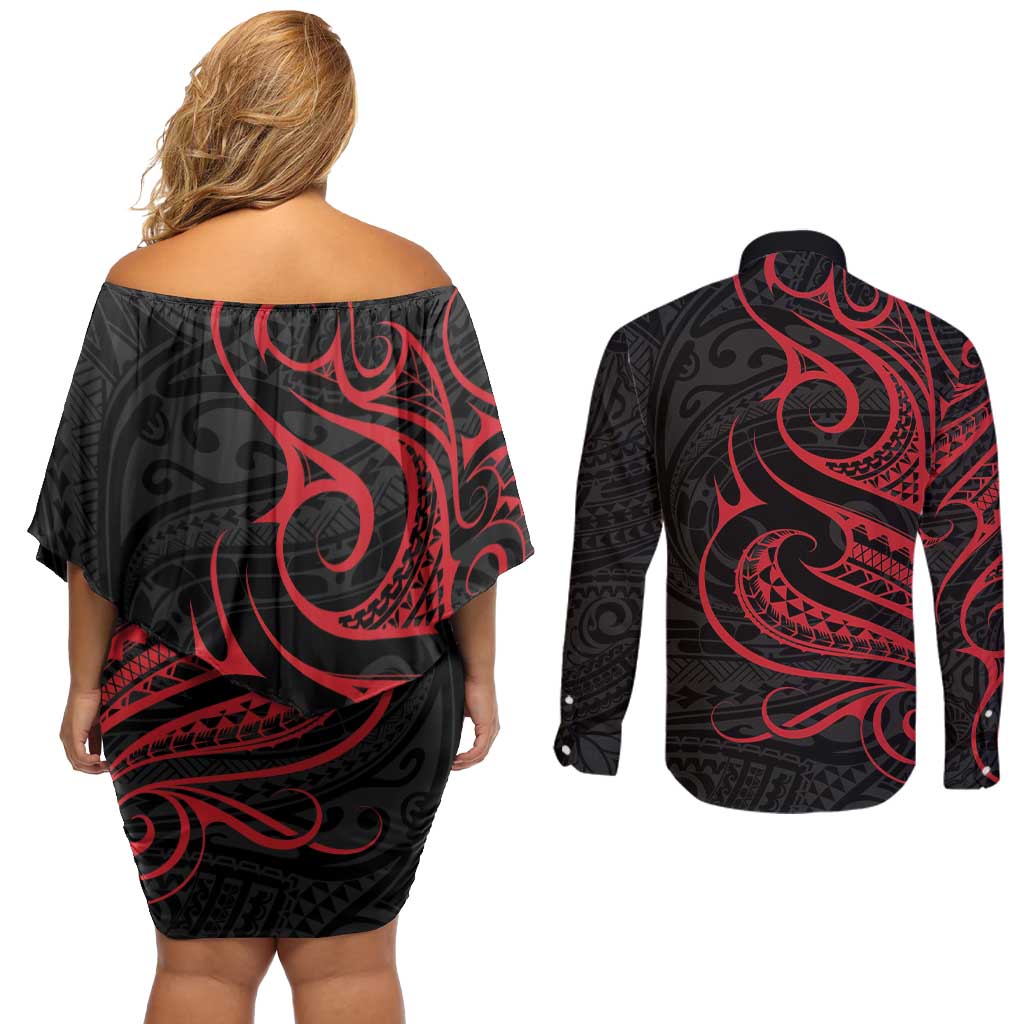 Tahitian Coat Of Arm and Tiare Flower Couples Matching Off Shoulder Short Dress and Long Sleeve Button Shirt Polynesian Tribal Tattoo LT9 - Polynesian Pride