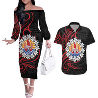 Tahitian Coat Of Arm and Tiare Flower Couples Matching Off The Shoulder Long Sleeve Dress and Hawaiian Shirt Polynesian Tribal Tattoo LT9 Black - Polynesian Pride