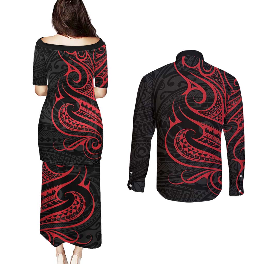 Tahitian Coat Of Arm and Tiare Flower Couples Matching Puletasi and Long Sleeve Button Shirt Polynesian Tribal Tattoo LT9 - Polynesian Pride