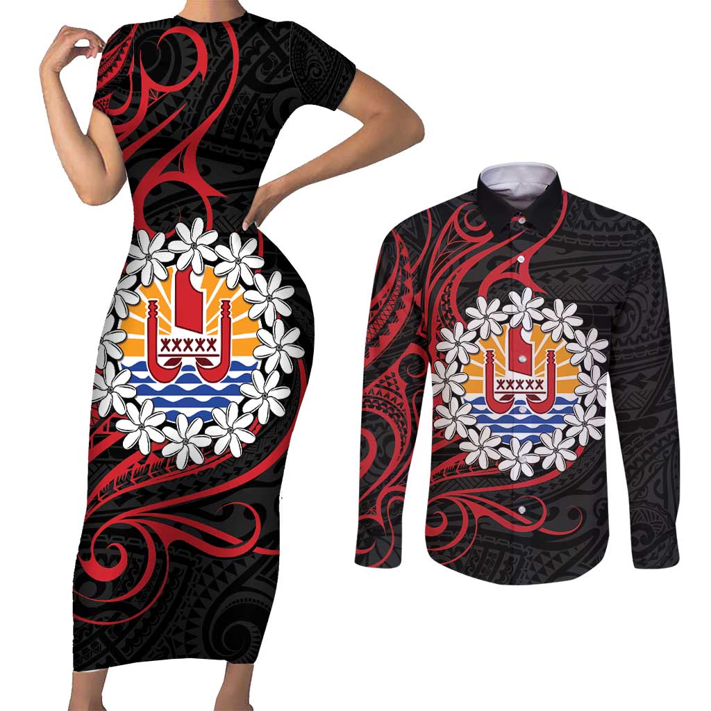 Tahitian Coat Of Arm and Tiare Flower Couples Matching Short Sleeve Bodycon Dress and Long Sleeve Button Shirt Polynesian Tribal Tattoo LT9 Black - Polynesian Pride