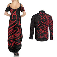 Tahitian Coat Of Arm and Tiare Flower Couples Matching Summer Maxi Dress and Long Sleeve Button Shirt Polynesian Tribal Tattoo LT9 - Polynesian Pride