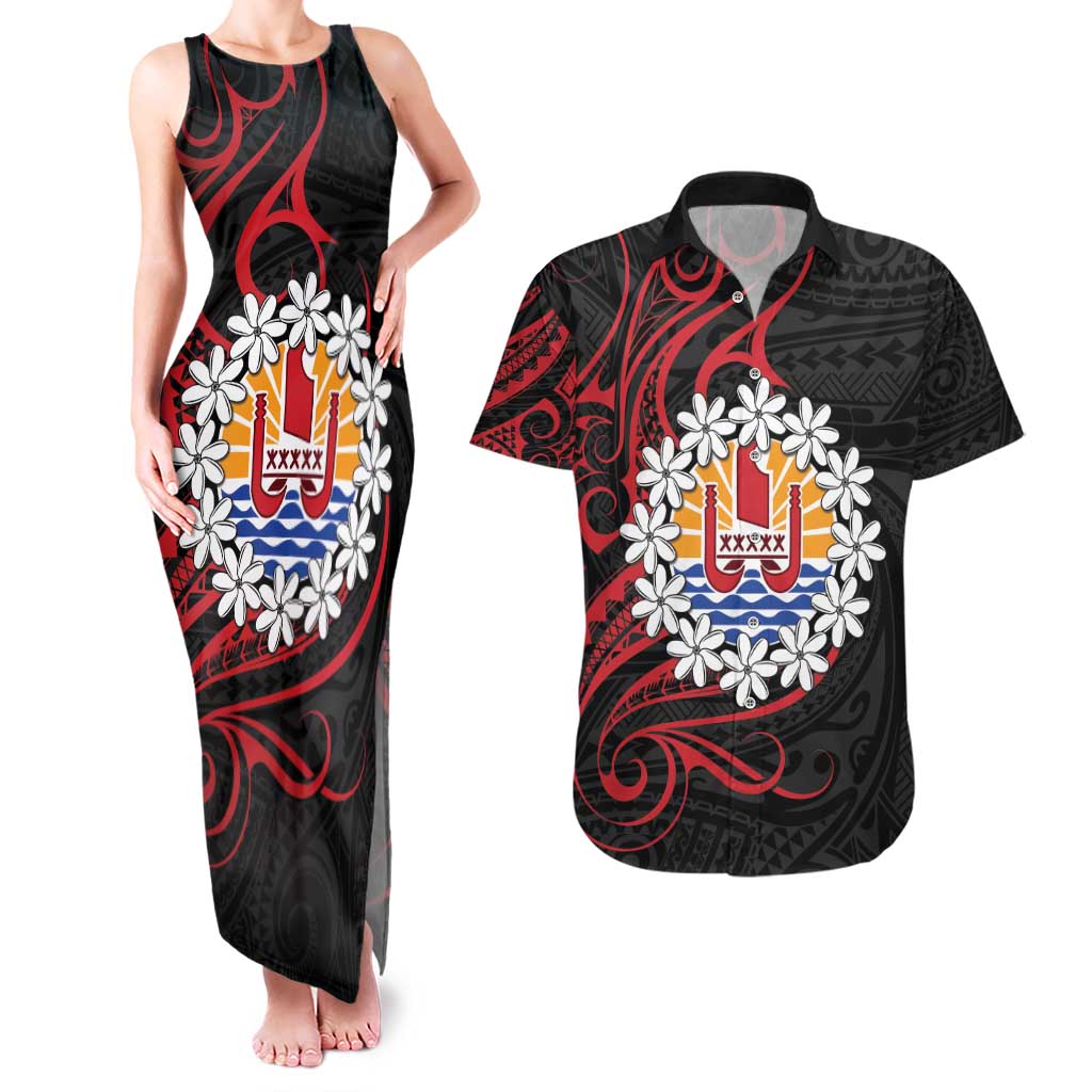 Tahitian Coat Of Arm and Tiare Flower Couples Matching Tank Maxi Dress and Hawaiian Shirt Polynesian Tribal Tattoo LT9 Black - Polynesian Pride