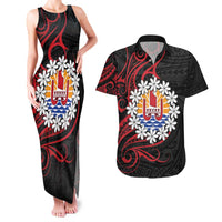 Tahitian Coat Of Arm and Tiare Flower Couples Matching Tank Maxi Dress and Hawaiian Shirt Polynesian Tribal Tattoo LT9 Black - Polynesian Pride