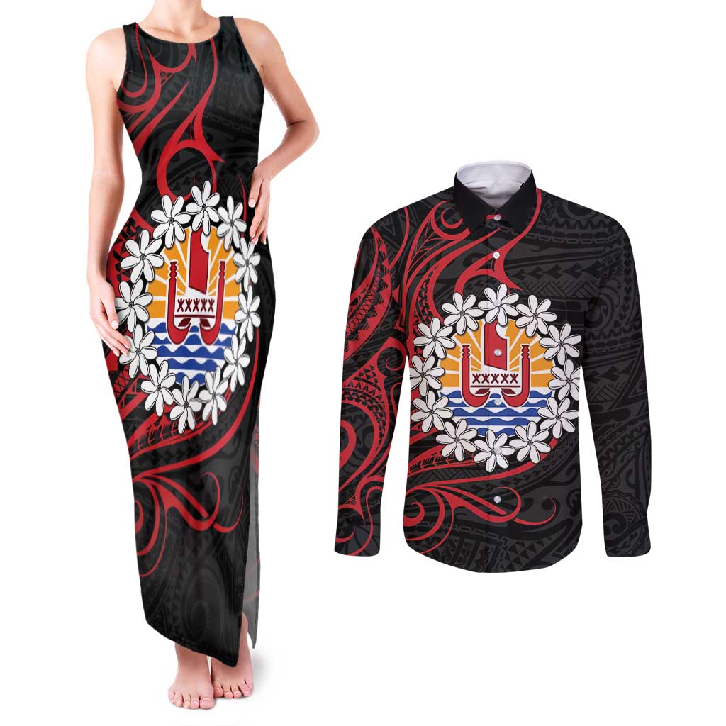 Tahitian Coat Of Arm and Tiare Flower Couples Matching Tank Maxi Dress and Long Sleeve Button Shirt Polynesian Tribal Tattoo LT9 Black - Polynesian Pride
