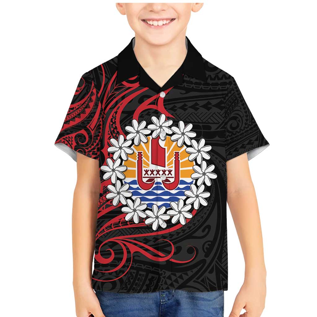 Tahitian Coat Of Arm and Tiare Flower Family Matching Mermaid Dress and Hawaiian Shirt Polynesian Tribal Tattoo LT9 Son's Shirt Black - Polynesian Pride
