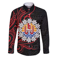 Tahitian Coat Of Arm and Tiare Flower Family Matching Off The Shoulder Long Sleeve Dress and Hawaiian Shirt Polynesian Tribal Tattoo LT9 Dad's Shirt - Long Sleeve Black - Polynesian Pride