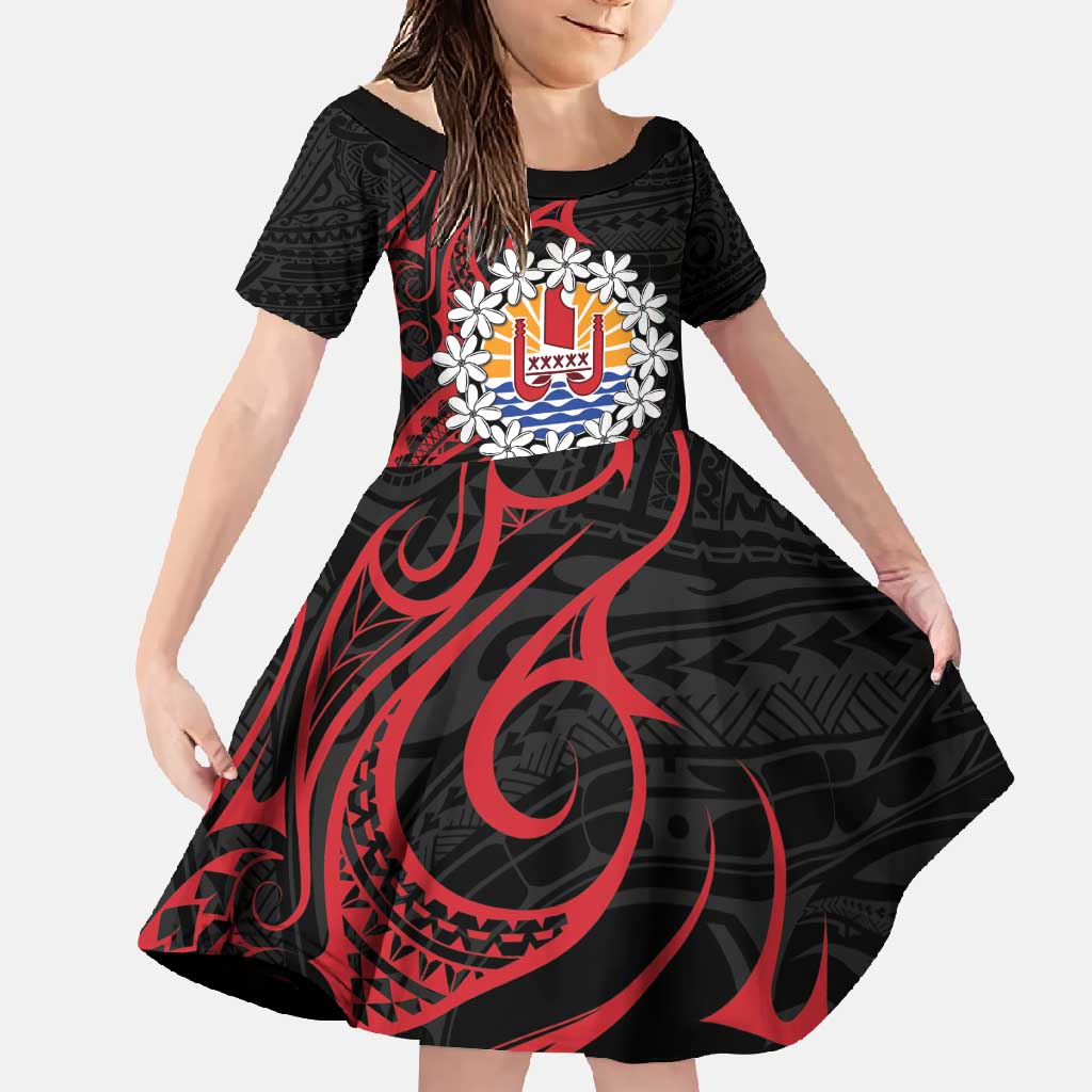 Tahitian Coat Of Arm and Tiare Flower Family Matching Off Shoulder Maxi Dress and Hawaiian Shirt Polynesian Tribal Tattoo LT9 Daughter's Dress Black - Polynesian Pride