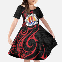 Tahitian Coat Of Arm and Tiare Flower Family Matching Off Shoulder Maxi Dress and Hawaiian Shirt Polynesian Tribal Tattoo LT9 Daughter's Dress Black - Polynesian Pride