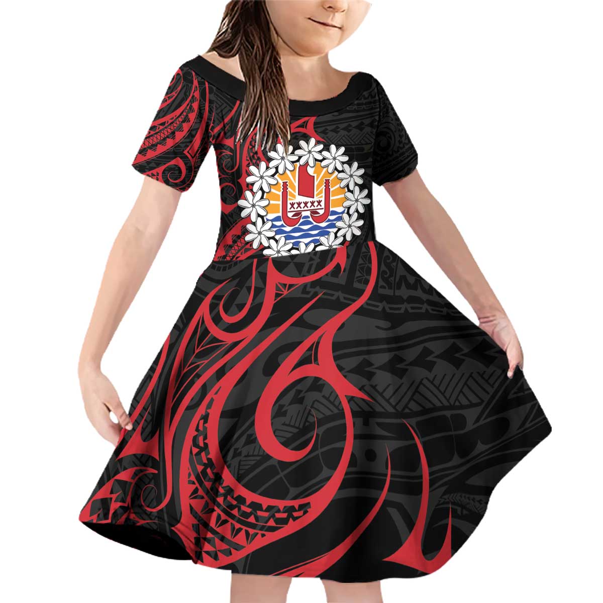 Tahitian Coat Of Arm and Tiare Flower Family Matching Off Shoulder Short Dress and Hawaiian Shirt Polynesian Tribal Tattoo LT9 Daughter's Dress Black - Polynesian Pride
