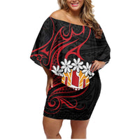 Tahitian Coat Of Arm and Tiare Flower Family Matching Off Shoulder Short Dress and Hawaiian Shirt Polynesian Tribal Tattoo LT9 Mom's Dress Black - Polynesian Pride