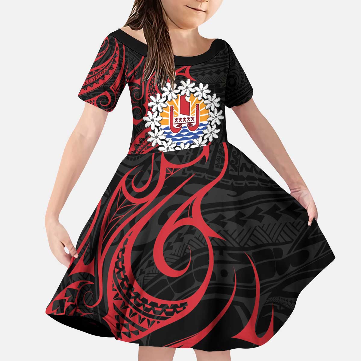 Tahitian Coat Of Arm and Tiare Flower Family Matching Puletasi and Hawaiian Shirt Polynesian Tribal Tattoo LT9 Daughter's Dress Black - Polynesian Pride