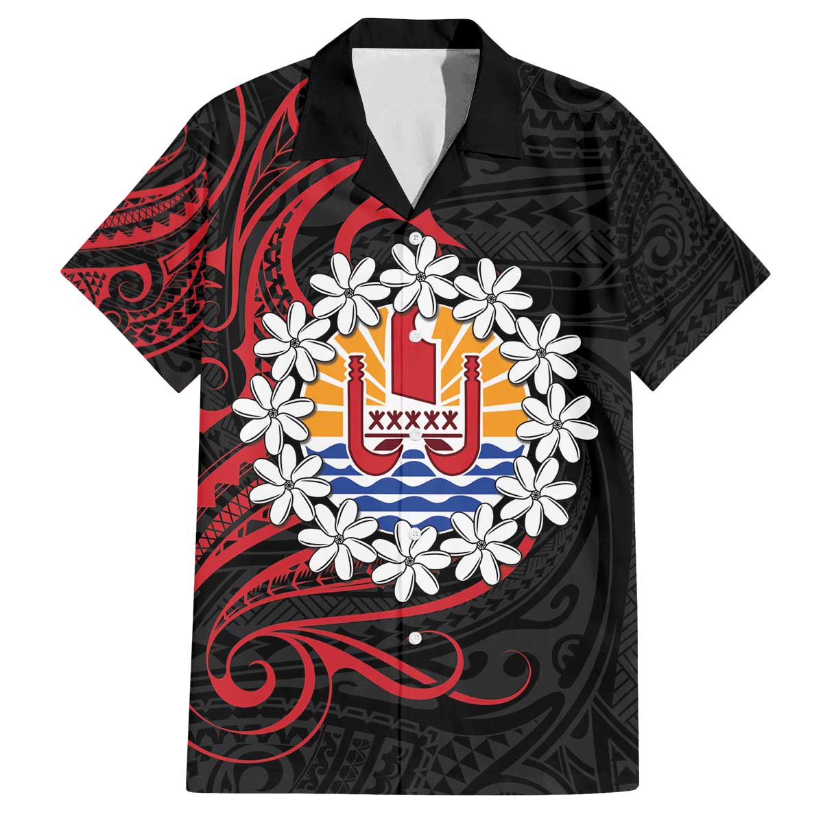 Tahitian Coat Of Arm and Tiare Flower Family Matching Puletasi and Hawaiian Shirt Polynesian Tribal Tattoo LT9 Dad's Shirt - Short Sleeve Black - Polynesian Pride