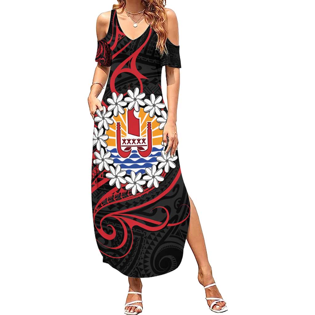 Tahitian Coat Of Arm and Tiare Flower Family Matching Summer Maxi Dress and Hawaiian Shirt Polynesian Tribal Tattoo LT9 Mom's Dress Black - Polynesian Pride