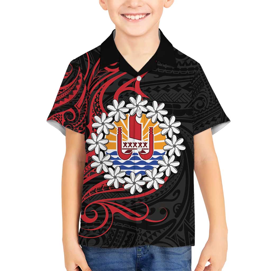 Tahitian Coat Of Arm and Tiare Flower Family Matching Summer Maxi Dress and Hawaiian Shirt Polynesian Tribal Tattoo LT9 Son's Shirt Black - Polynesian Pride
