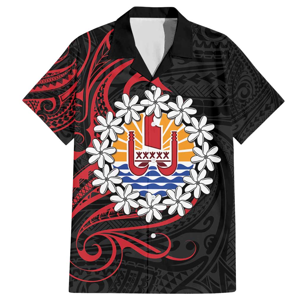 Tahitian Coat Of Arm and Tiare Flower Hawaiian Shirt Polynesian Tribal Tattoo LT9 Black - Polynesian Pride