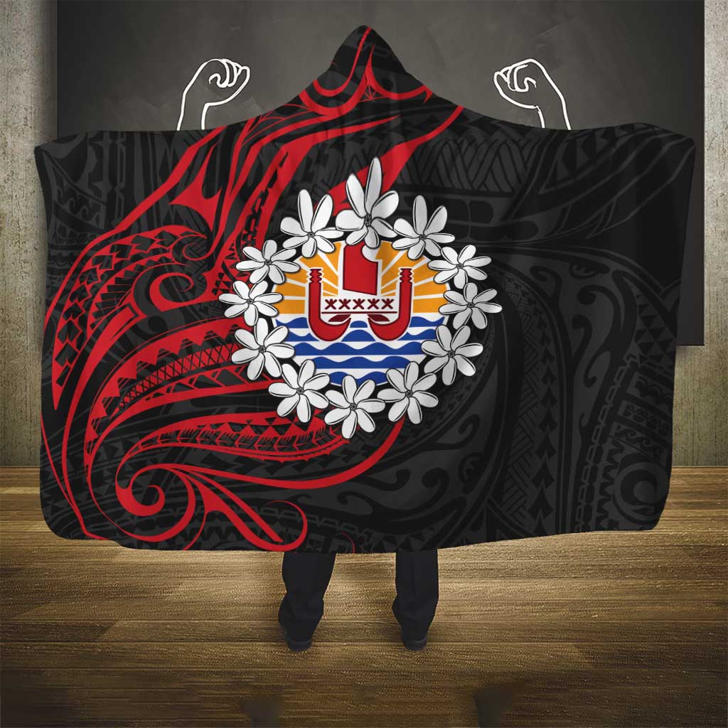Tahitian Coat Of Arm and Tiare Flower Hooded Blanket Polynesian Tribal Tattoo LT9 - Polynesian Pride