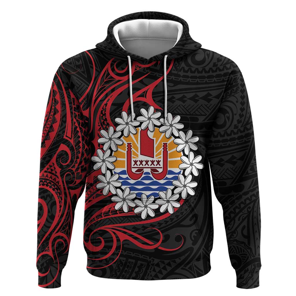 Tahitian Coat Of Arm and Tiare Flower Hoodie Polynesian Tribal Tattoo LT9 Pullover Hoodie Black - Polynesian Pride