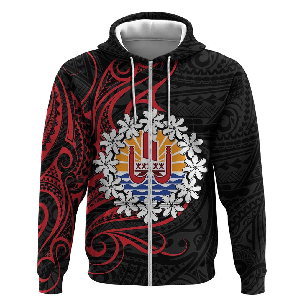Tahitian Coat Of Arm and Tiare Flower Hoodie Polynesian Tribal Tattoo LT9 Zip Hoodie Black - Polynesian Pride