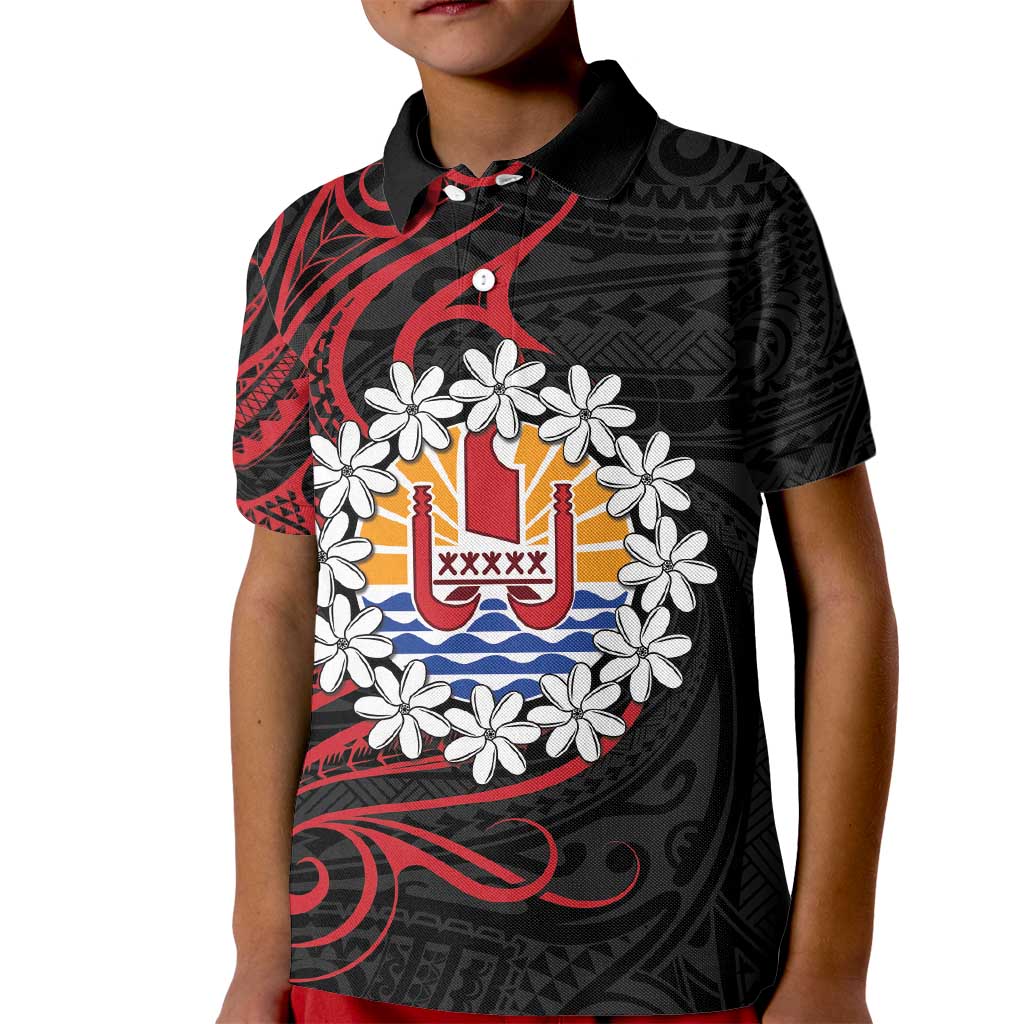Tahitian Coat Of Arm and Tiare Flower Kid Polo Shirt Polynesian Tribal Tattoo LT9 Kid Black - Polynesian Pride