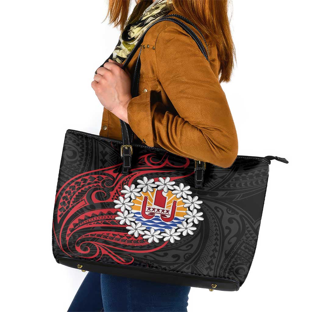 Tahitian Coat Of Arm and Tiare Flower Leather Tote Bag Polynesian Tribal Tattoo LT9 Black - Polynesian Pride