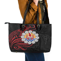 Tahitian Coat Of Arm and Tiare Flower Leather Tote Bag Polynesian Tribal Tattoo LT9 - Polynesian Pride