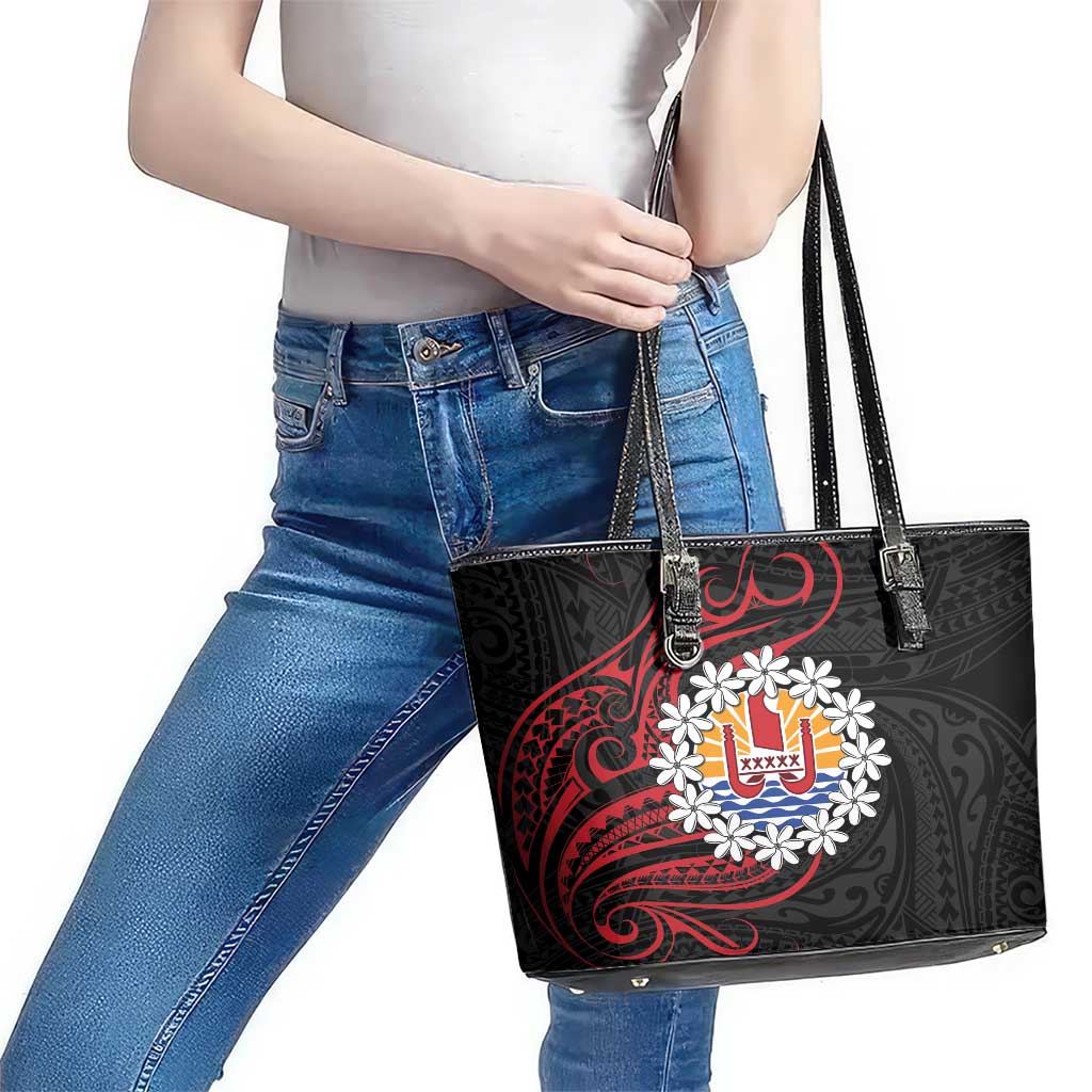 Tahitian Coat Of Arm and Tiare Flower Leather Tote Bag Polynesian Tribal Tattoo LT9 - Polynesian Pride