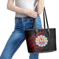 Tahitian Coat Of Arm and Tiare Flower Leather Tote Bag Polynesian Tribal Tattoo LT9 - Polynesian Pride