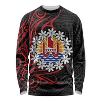 Tahitian Coat Of Arm and Tiare Flower Long Sleeve Shirt Polynesian Tribal Tattoo LT9 Unisex Black - Polynesian Pride