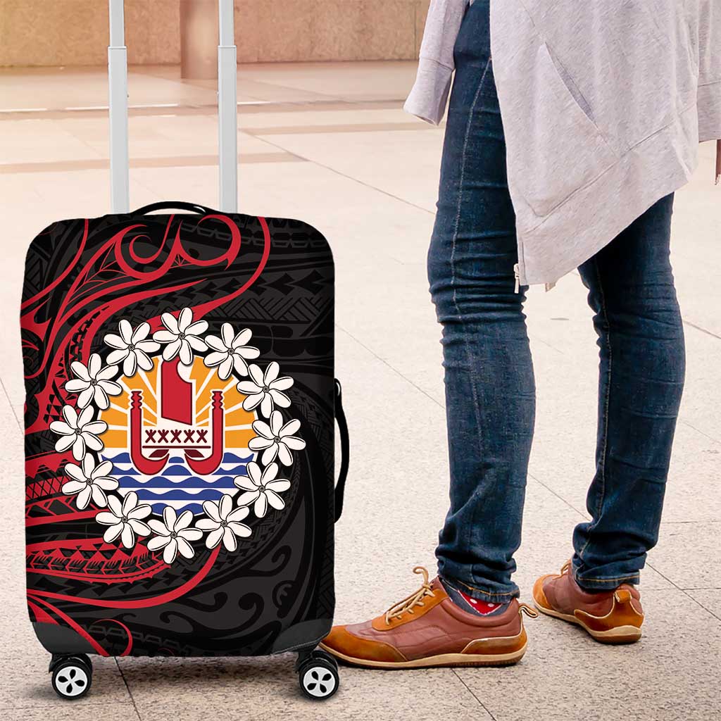 Tahitian Coat Of Arm and Tiare Flower Luggage Cover Polynesian Tribal Tattoo LT9 Black - Polynesian Pride