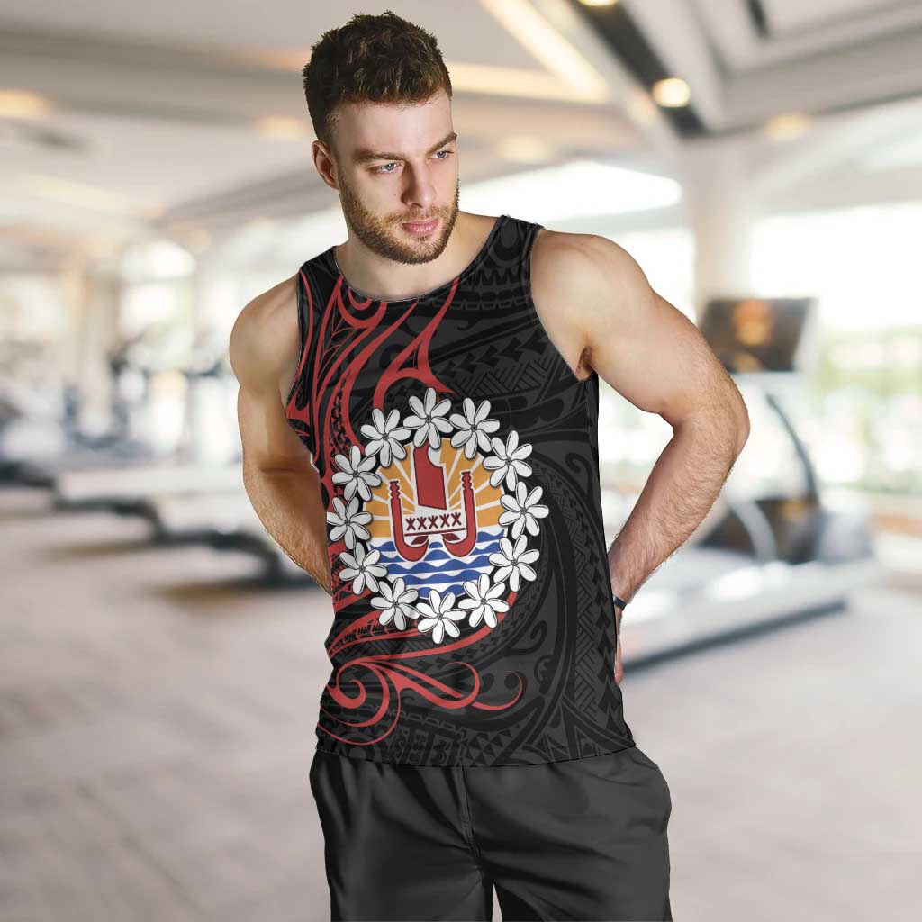 Tahitian Coat Of Arm and Tiare Flower Men Tank Top Polynesian Tribal Tattoo LT9 Black - Polynesian Pride