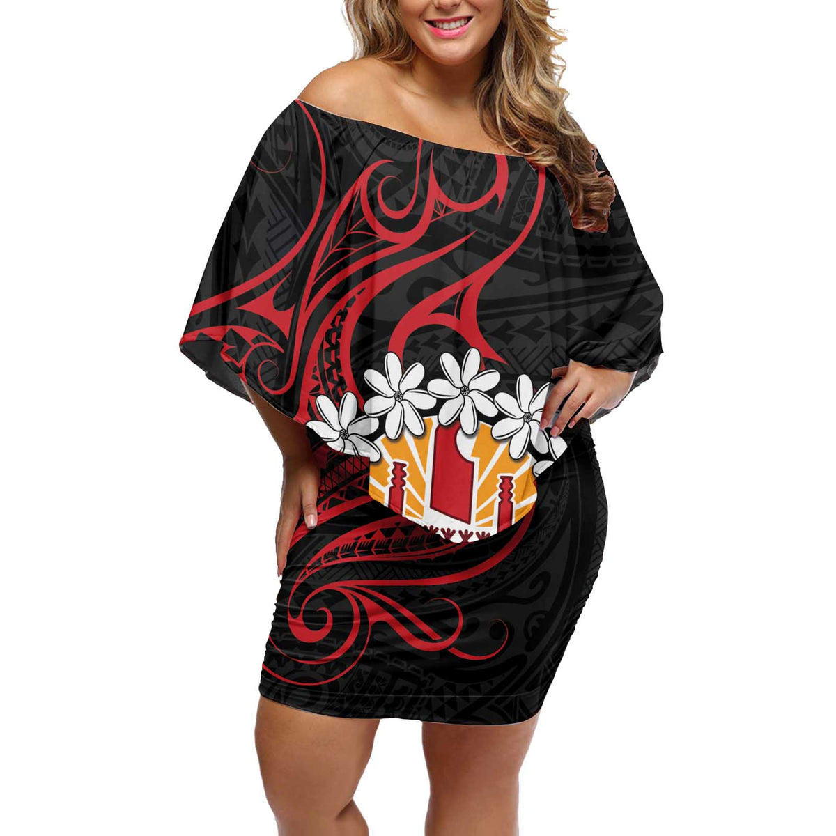 Tahitian Coat Of Arm and Tiare Flower Off Shoulder Short Dress Polynesian Tribal Tattoo LT9 Women Black - Polynesian Pride