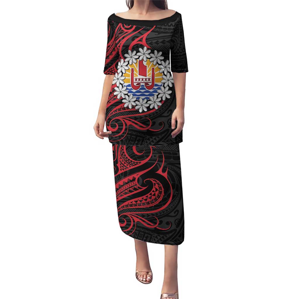 Tahitian Coat Of Arm and Tiare Flower Puletasi Polynesian Tribal Tattoo LT9 Long Dress Black - Polynesian Pride