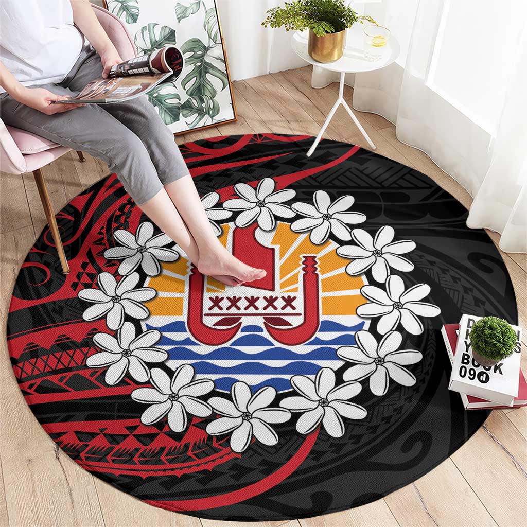 Tahitian Coat Of Arm and Tiare Flower Round Carpet Polynesian Tribal Tattoo LT9 - Polynesian Pride