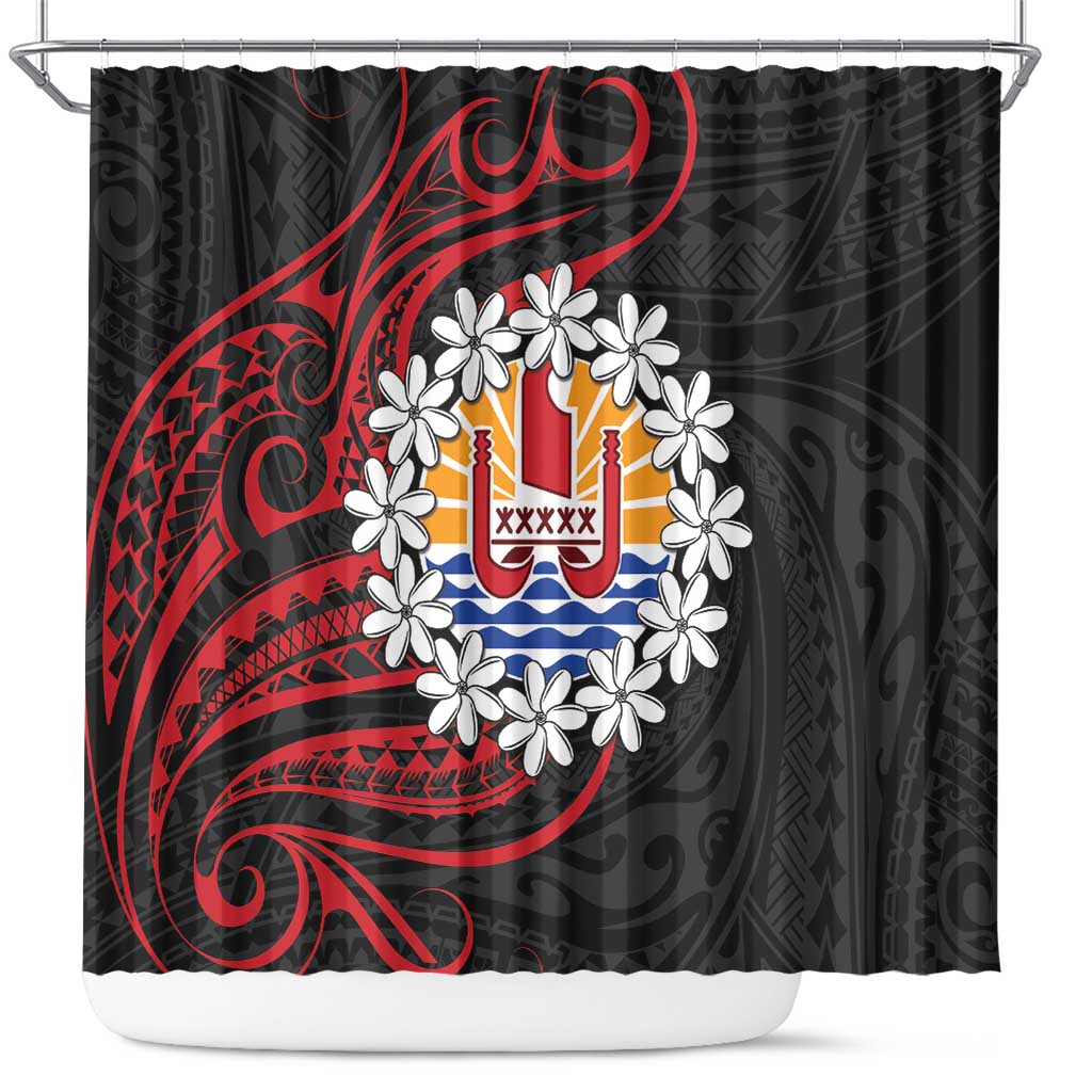 Tahitian Coat Of Arm and Tiare Flower Shower Curtain Polynesian Tribal Tattoo LT9 Black - Polynesian Pride