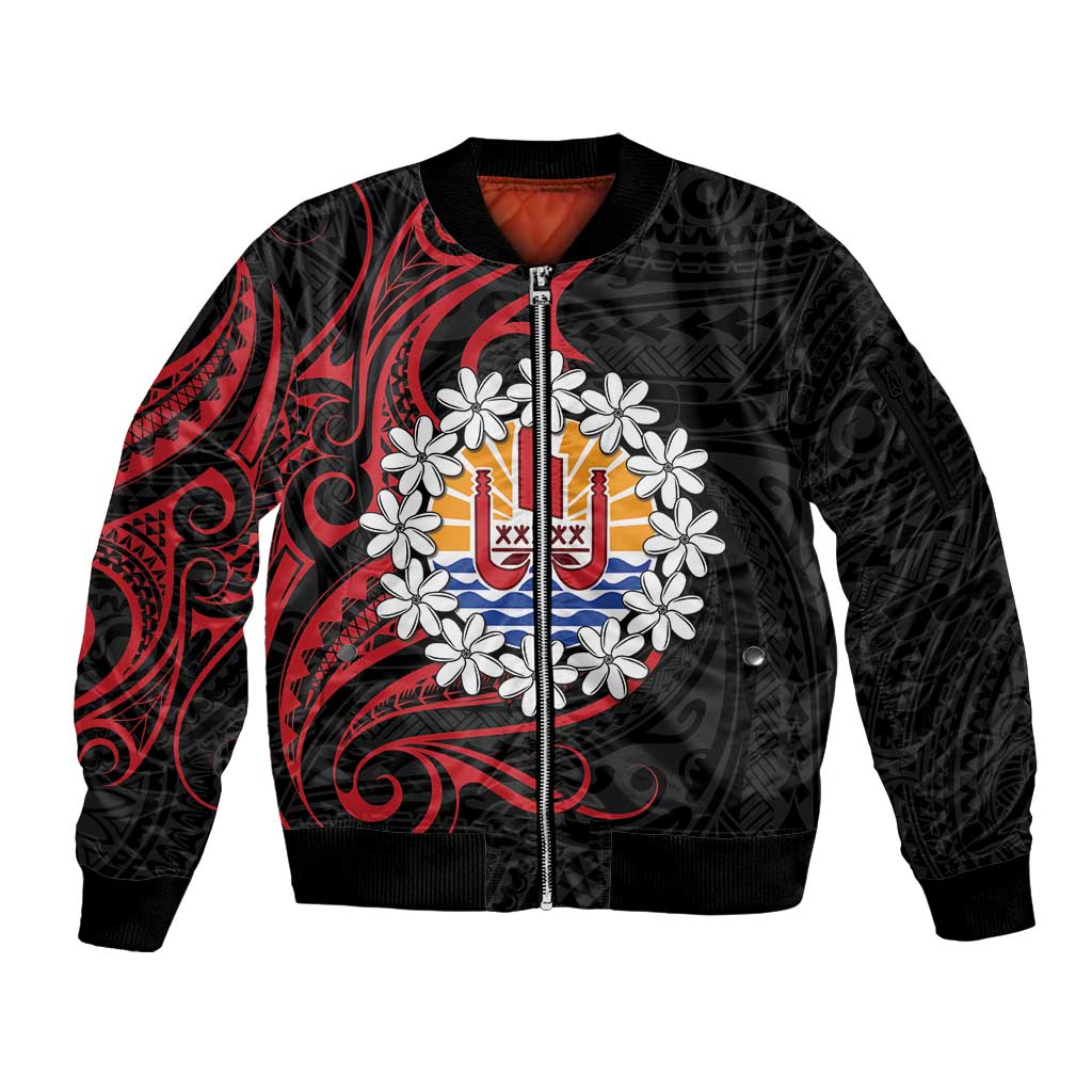 Tahitian Coat Of Arm and Tiare Flower Sleeve Zip Bomber Jacket Polynesian Tribal Tattoo LT9 Unisex Black - Polynesian Pride