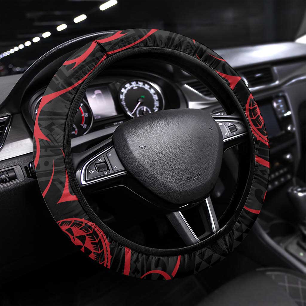 Tahitian Coat Of Arm and Tiare Flower Steering Wheel Cover Polynesian Tribal Tattoo LT9 Universal Fit Black - Polynesian Pride