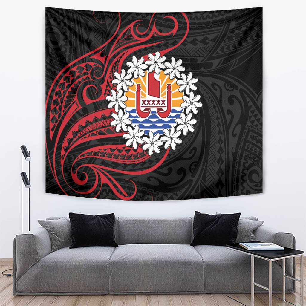 Tahitian Coat Of Arm and Tiare Flower Tapestry Polynesian Tribal Tattoo LT9 Black - Polynesian Pride