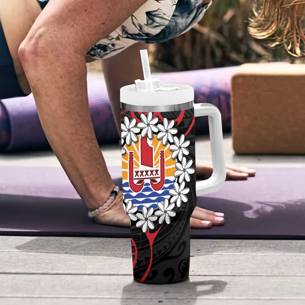 Tahitian Coat Of Arm and Tiare Flower Tumbler With Handle Polynesian Tribal Tattoo LT9 - Polynesian Pride