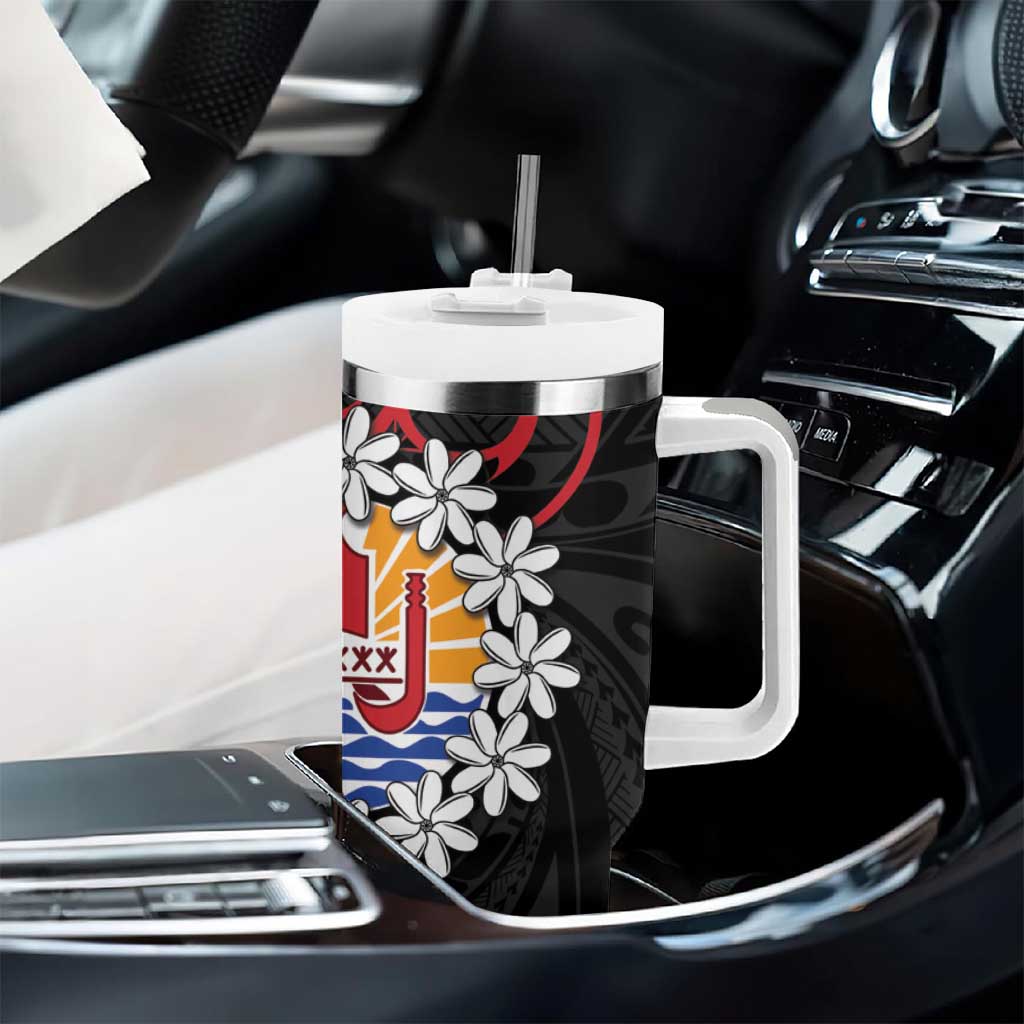 Tahitian Coat Of Arm and Tiare Flower Tumbler With Handle Polynesian Tribal Tattoo LT9 - Polynesian Pride