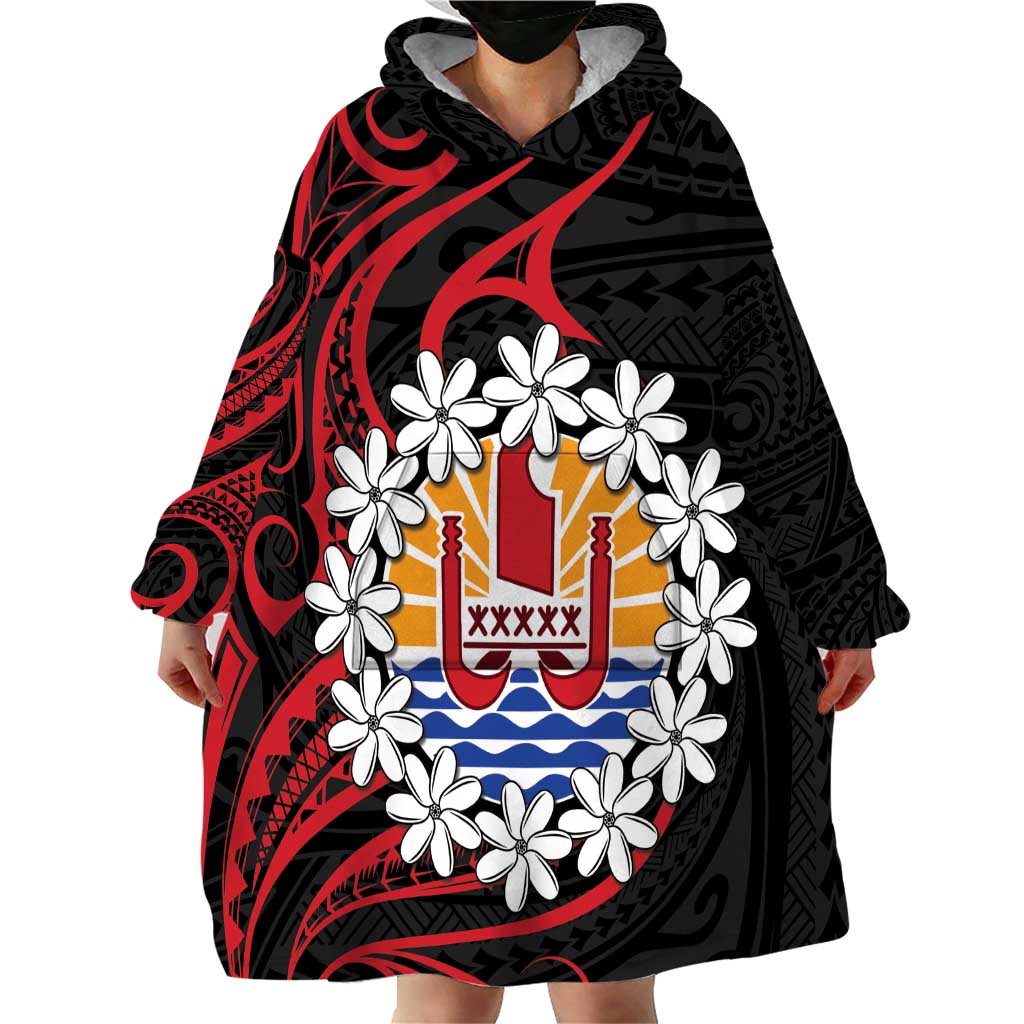 Tahitian Coat Of Arm and Tiare Flower Wearable Blanket Hoodie Polynesian Tribal Tattoo LT9 - Polynesian Pride